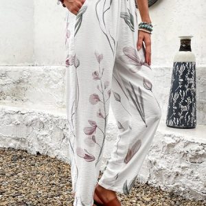 Casual Floral Long Pocket Stitching Pant, Pants, color:White|size:XXL, catalog Noracora shop