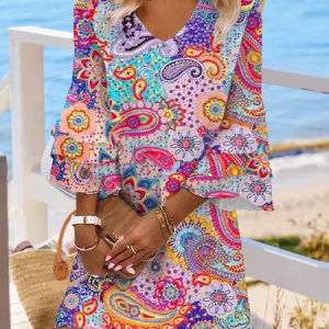 Ethnic Casual V Neck Dress With No, Dresses, Lilicloth.com