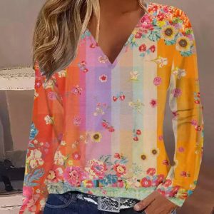 Hippie Casual Floral Loose Jersey T-Shirt, Long sleeves, Lilicloth.com