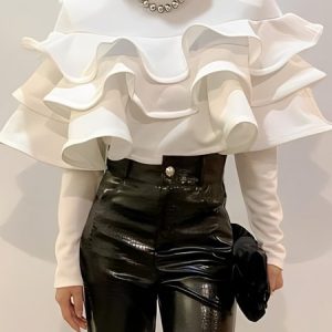 Elegant Crew Neck Peplum Long Sleeve Blouse, Blouses and Shirts, color:White|size:XXL, Stylewe