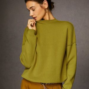 Basic Mock Neck Loose Sweater, Pullovers, color:Yellow Brown|size:XXL, Stylewe