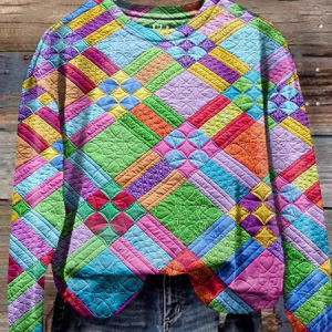 Women's Colorful Checkered Print Casual Long Sleeve Crew Neck Sweatshirt, JustFashionNow Sweatshirts & Hoodies, color:Multicolor|size:XXL,