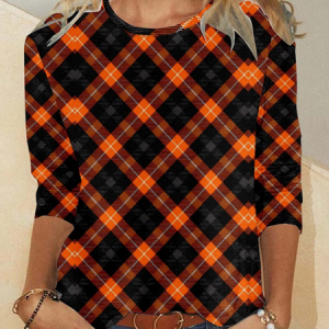 Casual Plaid Crew Neck Long Sleeve T-shirt, T-shirts, color:Orange|size:4XL, catalog Noracora shop