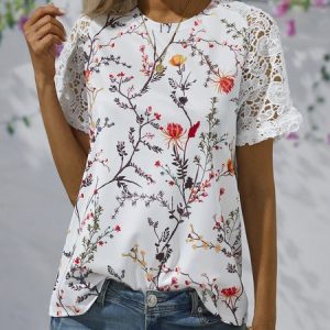 Lace Crew Neck Floral Casual Shirt, Blouses, color:White|size:XXL, catalog Noracora shop
