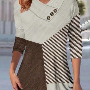 Casual Striped V Neck Long Sleeve T-shirt, T-shirts, color:Brown|size:5XL, catalog Noracora shop