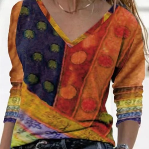 V Neck Long Sleeve Abstract Regular Micro-Elasticity Loose Blouse For Women, Blouses, color:Yellow|size:3XL, catalog Noracora shop