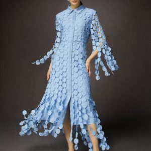 Elegant Shirt Collar Three Quarter Sleeve Lace Maxi Dress, Maxi Dresses, color:As Picture|size:XXL, Stylewe