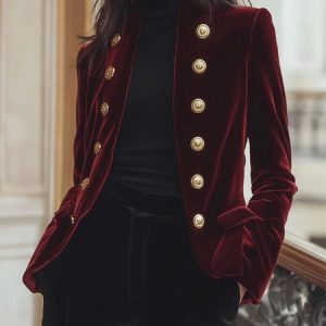 Velvet Stand Collar Urban Plain Jacket, Jackets, color:Red|size:XXL, Stylewe