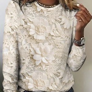 Retro lace floral casual long sleeved T-shirt, Long sleeves, Lilicloth.com