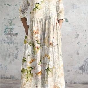 Women Floral Art Printing V Neck Long Sleeve Comfy Vintage Maxi Dress, Dresses, color:As Picture|size:XXL, catalog Noracora shop