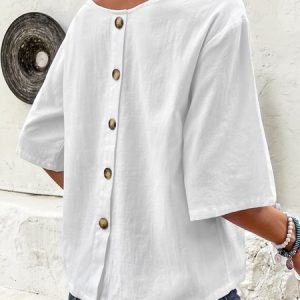 Crew Neck Short Sleeve Plain Buckle Regular Loose Shirt For Women, Blouses, color:White|size:XXL, catalog Noracora shop
