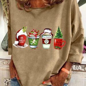 Casual Crew Neck Christmas Sweatshirt, Hoodies & Sweatshirts, color:Khaki|size:3XL, catalog Noracora shop