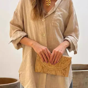 Shawl Collar Long Sleeve Plain Regular Micro-Elasticity Loose Blouse For Women, Blouses, color:Khaki|size:5XL, catalog Noracora shop