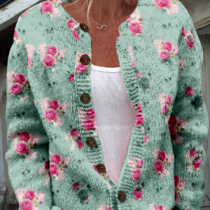 Watercolor French Rose Repeat Pattern Print Buttoned Cardigan, Cardigans, Lilicloth.com
