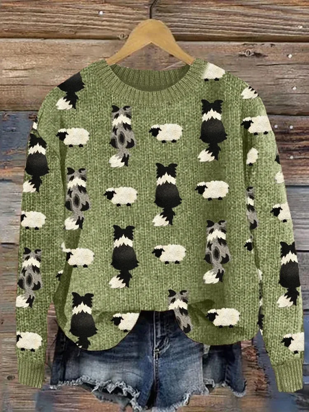 Farm Border Collie & Fuzzy Sheep Embroidered Knit Sweater, Sweaters, Lilicloth.com