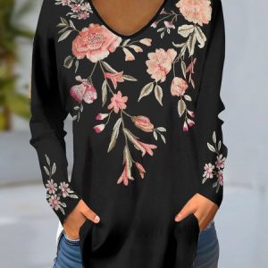 V Neck Long Sleeve Floral Regular Micro-Elasticity Loose Blouse For Women, Blouses, color:Black|size:XXL, catalog Noracora shop