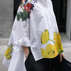 Casual Floral Irregular Craftsmanship Shirt Collar Shirt, Blouses and Shirts, color:White|size:XXL, Stylewe