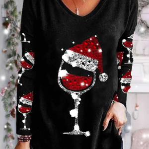 V Neck Long Sleeve Christmas Hot Drilling Regular Micro-Elasticity Loose Blouse For Women, Blouses, color:Black|size:5XL, catalog Noracora shop
