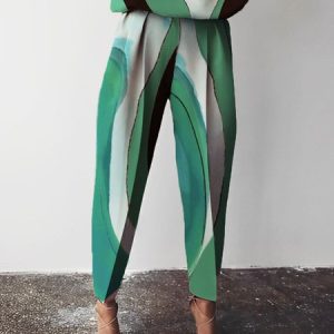 Casual High Waist Regular Fit Abstract Pants, Pants, color:Green|size:XXL, Stylewe