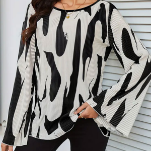 Crew Neck Long Sleeve Color Block Regular Micro-Elasticity Loose Blouse For Women, Blouses, color:White|size:XXL, catalog Noracora shop