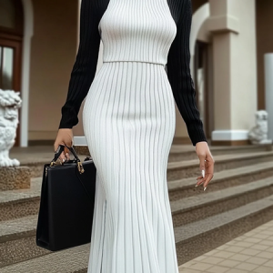 High Elasticity Tight Turtleneck Color Block Regular Sleeve Long Sleeve Elegant Sweater Dress, Midi Dresses, color:Black-white|size:XXL, Stylewe