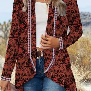 Women's Floral Regular Loose Kimono, Outerwear, color:Reddish Black|size:XXL, catalog Noracora shop