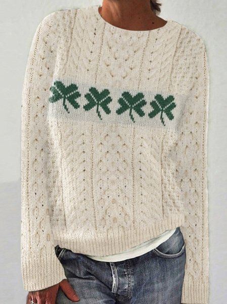 Trifolium Embroidered Pattern Round Neck Knitted Sweater, Sweaters, Lilicloth.com