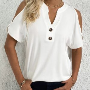 Plain Notched Casual Shirt, Blouses, color:White|size:XXL, catalog Noracora shop