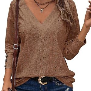 Casual Plain V Neck Long Sleeve T-shirt, T-shirts, color:Coffee|size:XXL, catalog Noracora shop