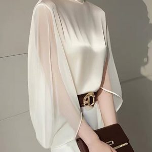 Flutter Sleeve Elegant Stand Collar Plain Blouse, Blouses and Shirts, color:Off White|size:XXL, Stylewe