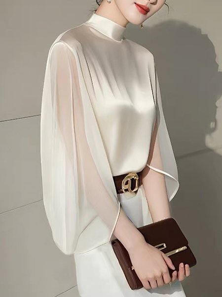 Flutter Sleeve Elegant Stand Collar Plain Blouse, Blouses and Shirts, color:Off White|size:XXL, Stylewe