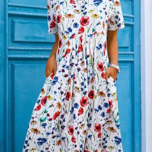 Floral Loosen Casual Short Sleeve Woven Dress, Midi, color:Multicolor|size:XS, catalog Noracora shop