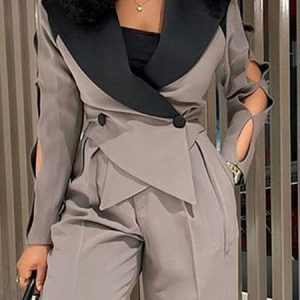 Regular Fit Color Block Urban Hollow Out Regular Sleeve Blazer, Blazers, color:Gray|size:XXL, Stylewe