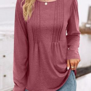 Casual Plain Crew Neck Long Sleeve T-shirt, T-shirts, color:Brick Red|size:XXL, catalog Noracora shop