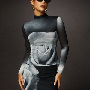 High Elasticity Floral Urban Stand Collar Long Sleeve T-Shirt, Tees, color:As Picture|size:XXL, Stylewe