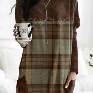 Retro plaid color blocked casual long T-shirt, Long sleeves, Lilicloth.com