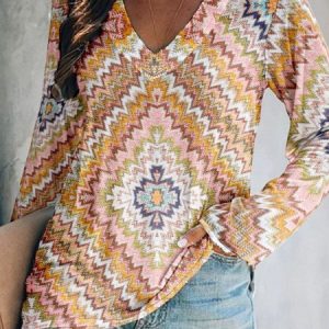 Casual Ethnic V Neck Long Sleeve T-shirt, T-shirts, color:Multicolor|size:4XL, catalog Noracora shop