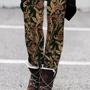 Women's Vintage Floral Jersey All Season Long Leggings, JustFashionNow Leggings, color:Brown|size:XXL,