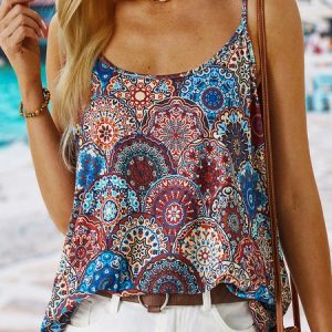 Geometric Tribal Floral Printed Vacation Boho Casual Loosen Spaghetti Tank & Cami, Tanks & Camis, color:Multicolor|size:XXL, catalog Noracora shop