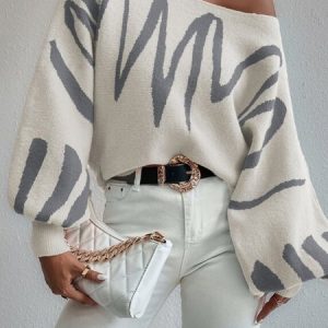 Abstract Stripes Balloon Sleeve Boat Neck Urban Sweater, Pullovers, color:As Picture|size:XXL, Stylewe