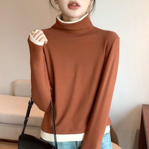 Casual Color Block Turtleneck Long Sleeve T-shirt, T-shirts, color:Caramel|size:XL, catalog Noracora shop