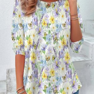 Women's Long Sleeve Tee T-shirt Spring/Fall Floral Jersey Crew Neck Daily Going Out Casual Top, JustFashionNow T-Shirts, color:Yellow|size:XXL
