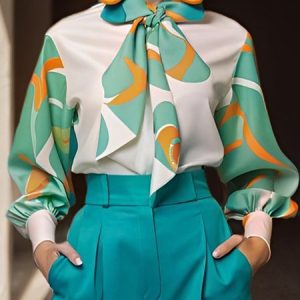 Elegant Random Print Bow Blouse, Blouses and Shirts, color:As Picture|size:XXL, Stylewe