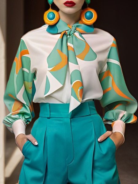 Elegant Random Print Bow Blouse, Blouses and Shirts, color:As Picture|size:XXL, Stylewe
