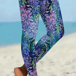 Women's Casual Leaf Jersey All Season Long Floral Leggings, JustFashionNow Leggings, color:Blue|size:XXL,
