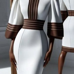 Urban Striped Puff Sleeve Printing Stand Collar Knee Length Dress, Midi Dresses, color:As Picture|size:XXL, Stylewe