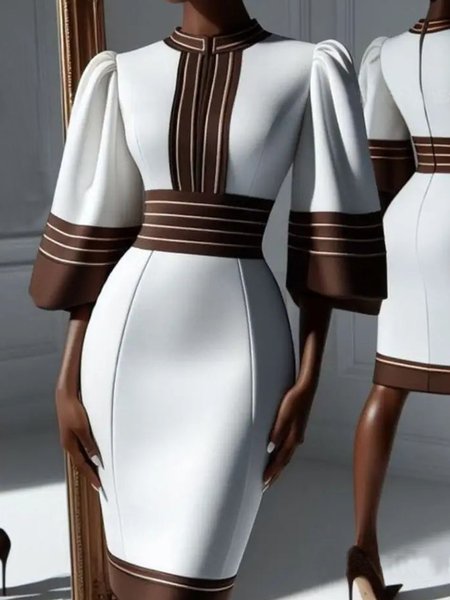 Urban Striped Puff Sleeve Printing Stand Collar Knee Length Dress, Midi Dresses, color:As Picture|size:XXL, Stylewe