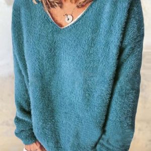 Women's V Neck Plain Casual Winter Fluff/Granular Fleece Fabric Long Sleeve Sweatshirt, JustFashionNow Sweatshirts & Hoodies, color:Sky Blue|size:5XL,