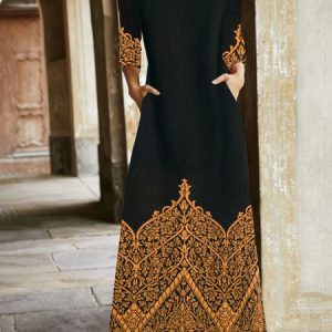 Women Ethnic V Neck Long Sleeve Comfy Vintage Pocket Stitching Maxi Dress, Dresses, color:Black|size:XXL, catalog Noracora shop
