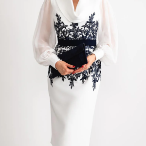 Elegant Paisley Balloon Sleeve Printing Midi Dress With Belt, Midi Dresses, color:White|size:XXL, Stylewe